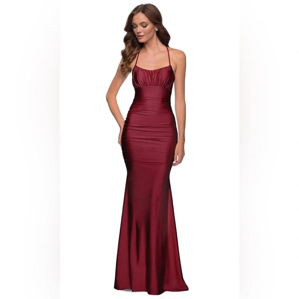La Femme 29873 Strappy Open Back Shiny Jersey Fitted Gown - Picture 1 of 11